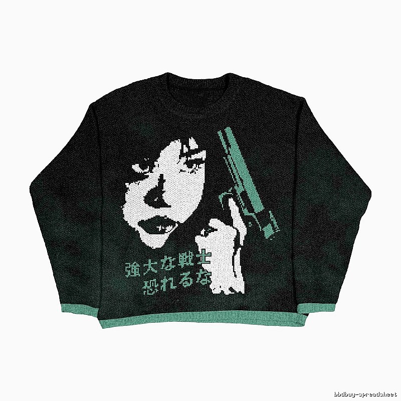 Resort Anime graphic sweater Black Knit Top for Travel Looks
