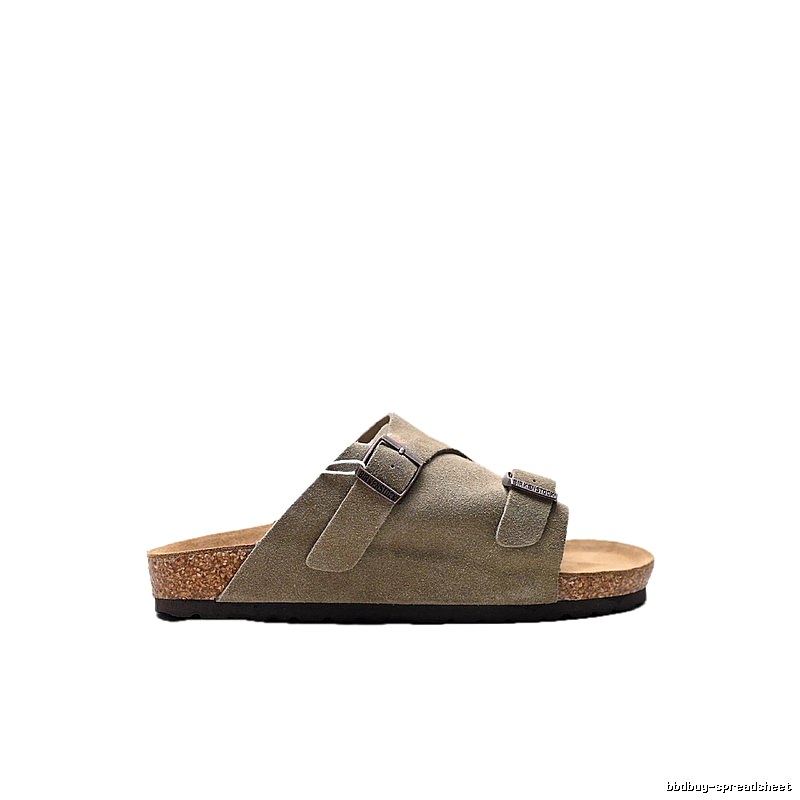 Birkenstock Vintage-Style Double-Buckle Khaki Cork Slide Sandals
