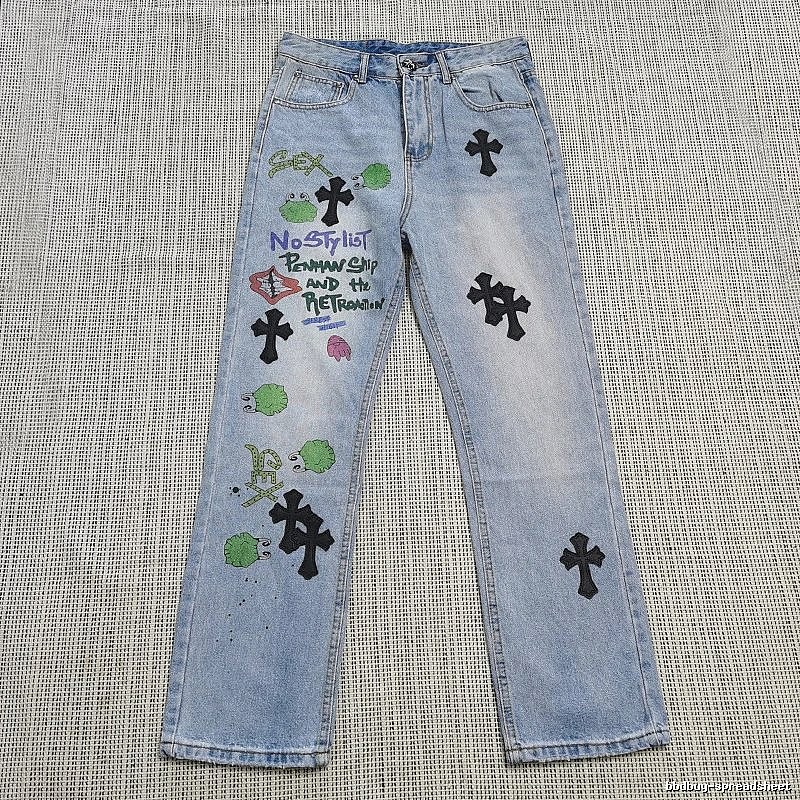 Chrome Hearts Logo Detail Cross patch jeans White Jeans Black with Relaxed Feel