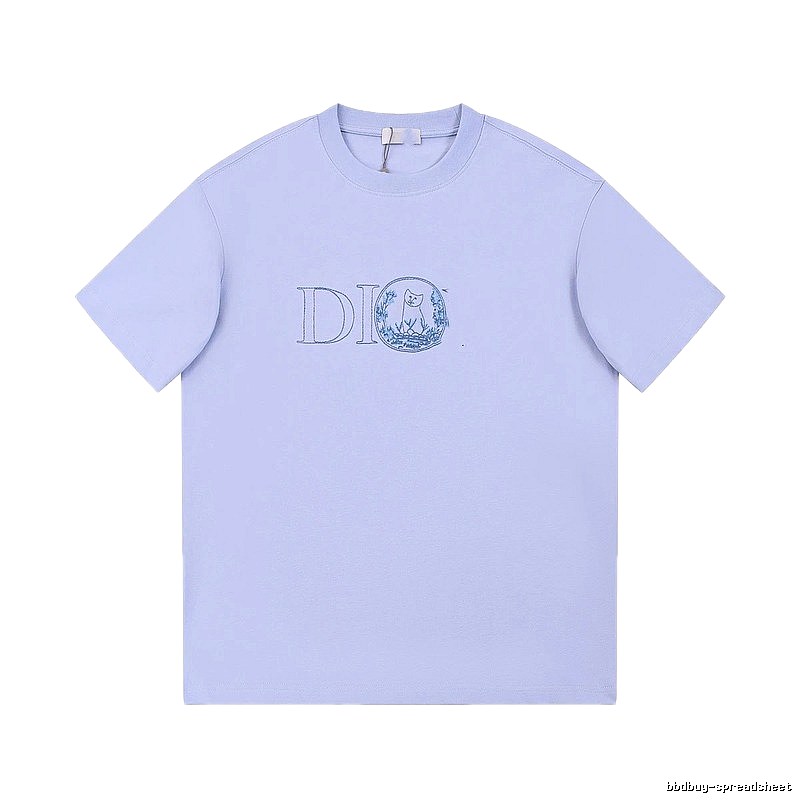 Dior Cat-Embroidered Casual Light Purple Short-sleeve T-Shirt