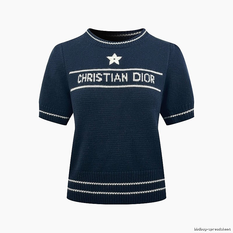 Dior Short Sleeve Knit Sweater with Cream Trim and Star Detail
