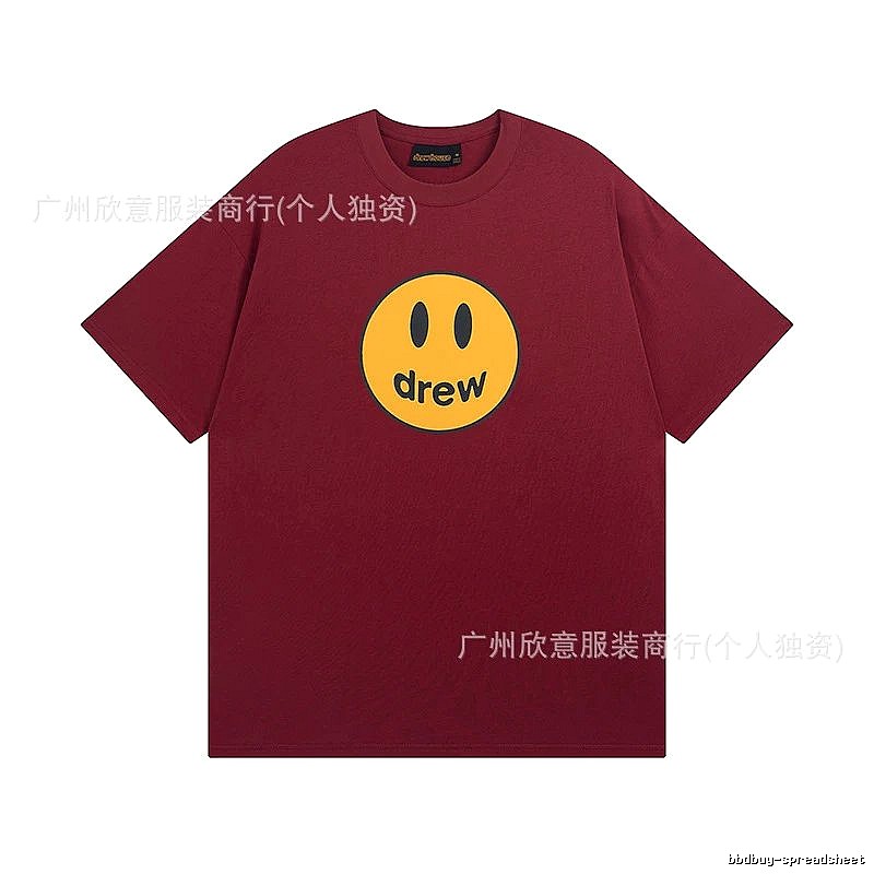 DREW Smiley Face Streetwear Style Burgundy Short Sleeve T-Shirt