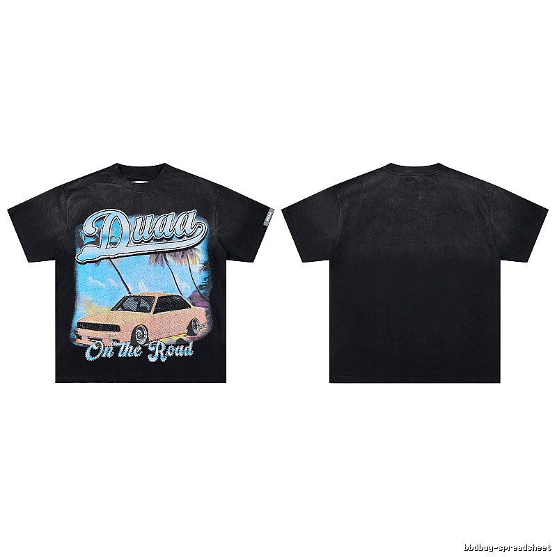 DUAA Road Sports Car American Retro Distressed Black T-Shirt