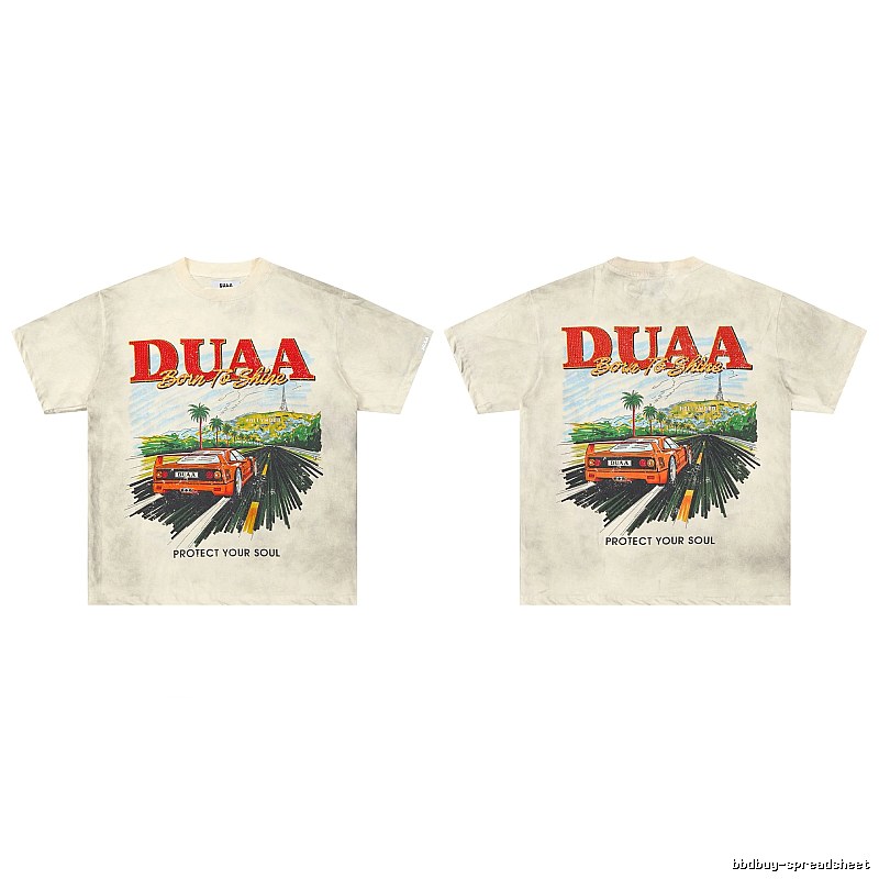 DUAA Sports Car Print American Retro Off-white Short Sleeve T-Shirt
