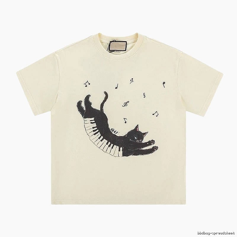 Gucci Black Cat Print Casual Off-White T-Shirt