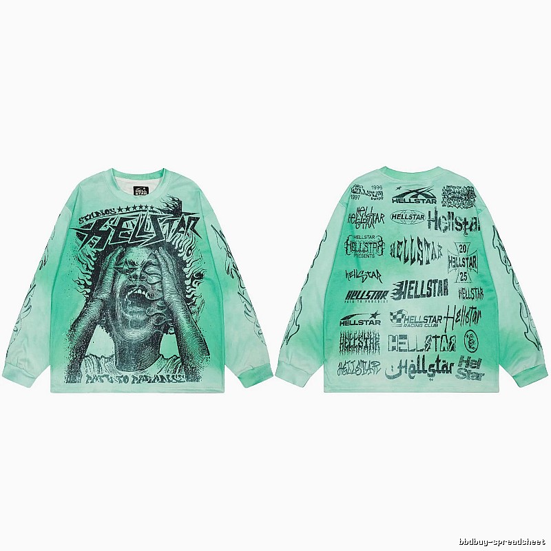 Hellstar All-over Portrait Print Street Style Mint Green Long Sleeve