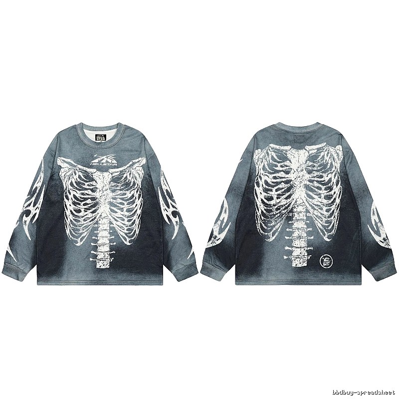 Hellstar Skull Print Street Style Vintage Grey Long Sleeve T-shirt