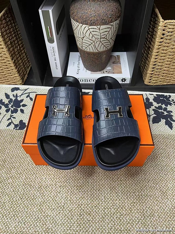 Hermès H-Buckle Collection Light Luxury Style Navy Blue Slides