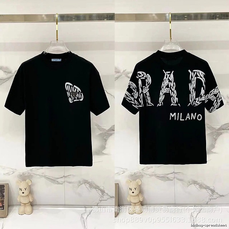 Prada Embroidered Streetwear Style Black Short-sleeve T-shirt