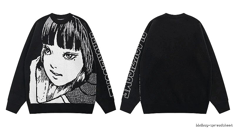 Relaxed Anime graphic sweater Black Knit Top with Versatile Design