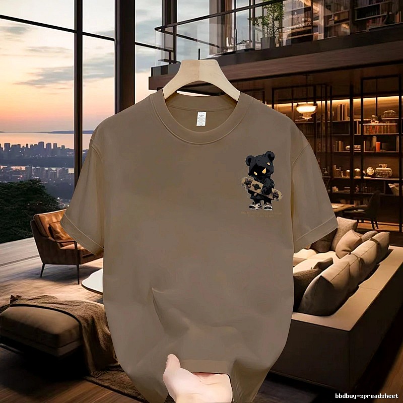 Streetwear Brand Street Style Khaki Short-sleeve T-shirt with Skateboarding Bear Graphic