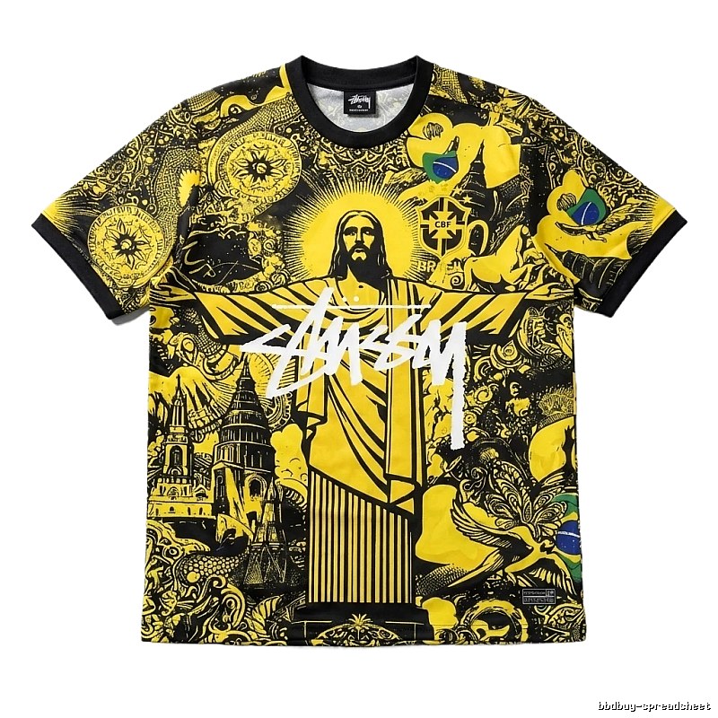 Stussy's religious-style yellow and black short-sleeve T-shirt