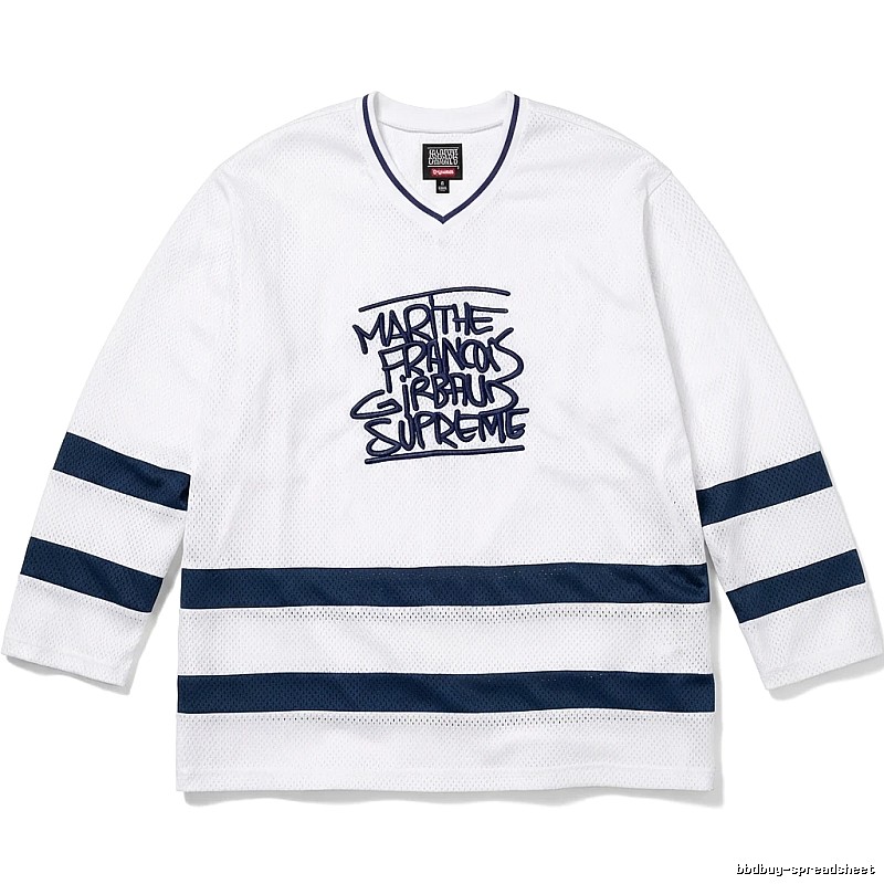 Supreme graffiti-style white and blue jersey