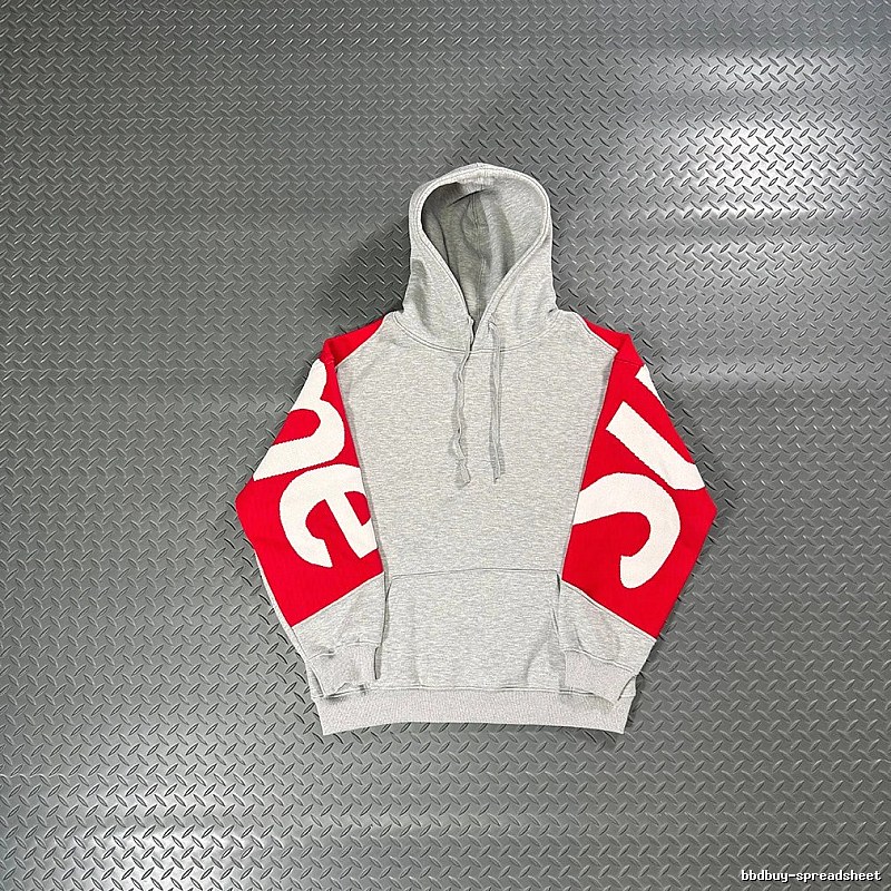 Supreme Grey Hoodie with Red Sleeve Logo Panels